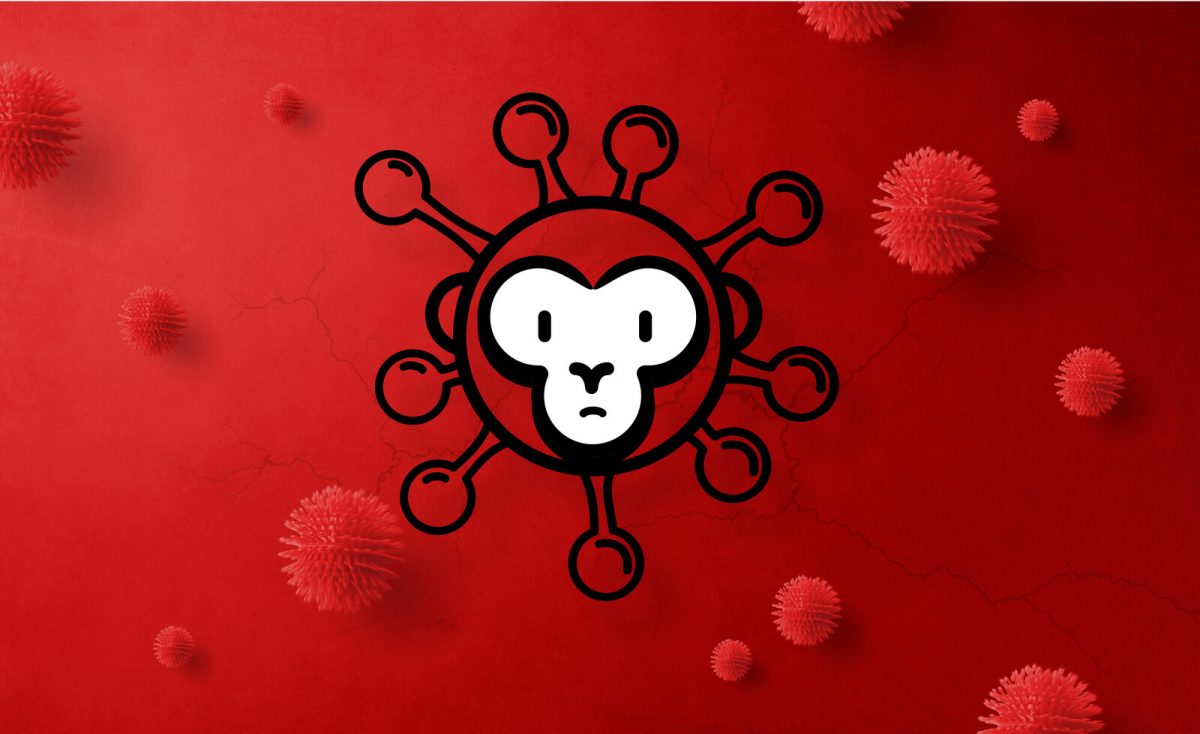 Cartoon image of a virus with the face of a monkey.
