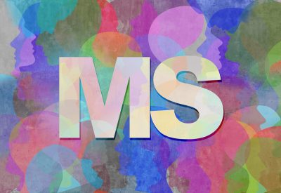 the letters MS on a background of multicolors