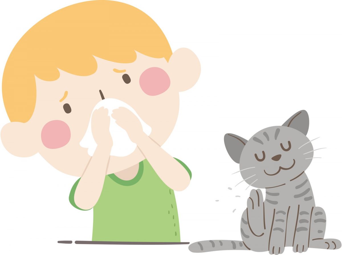 Cartoon of boy blowing nose with cat next to him